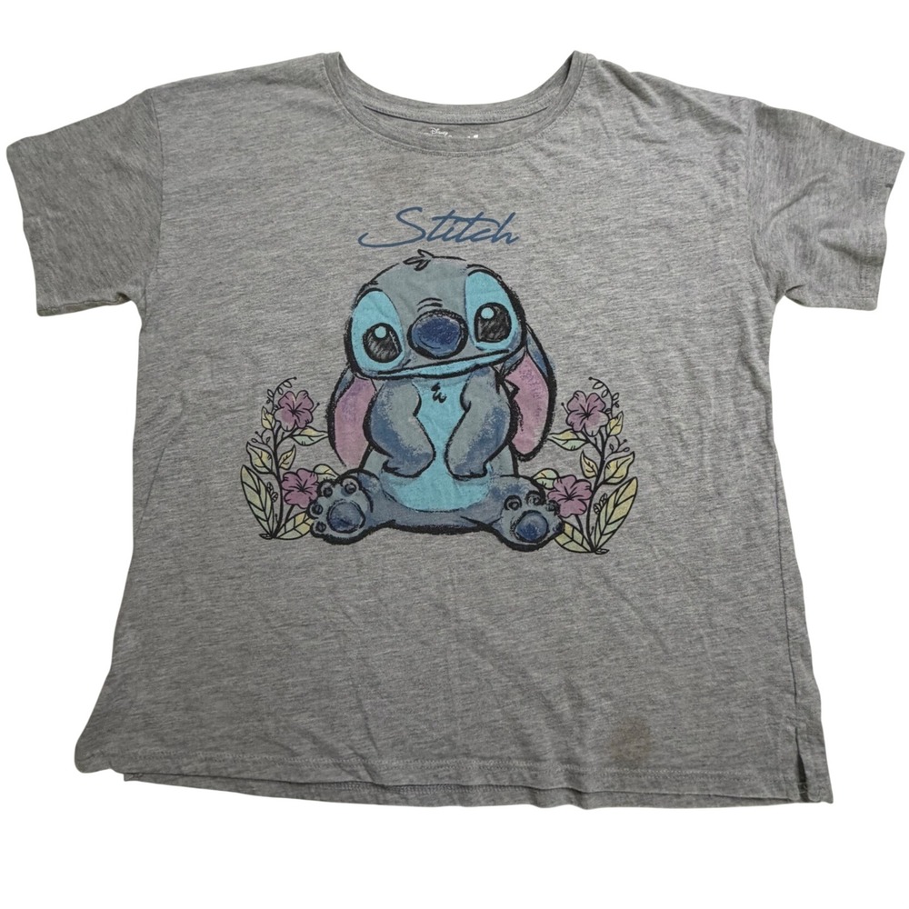 Disney Stitch Girls XL 14-16 Gray Graphic T-Shirt Lilo & Stitch Flower Tee
